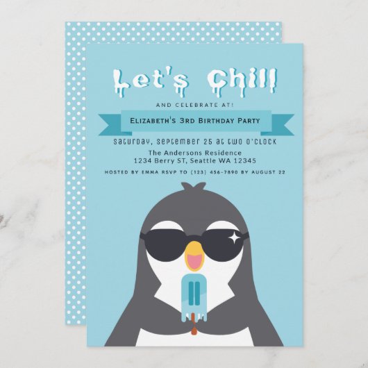 かわいいペンギンの誕生日パーティー招待状 Let's Chill 招待状 (正面/裏面)