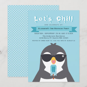 かわいいペンギンの誕生日パーティー招待状 Let's Chill 招待状
