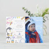 かわいいペンギンの誕生日招待状（写真付き） 招待状 (スタンド正面)