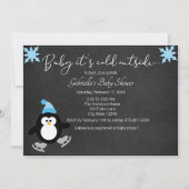 かわいいペンギンの赤ちゃん お外は寒いよ ベビーシャワー 招待状 (正面)