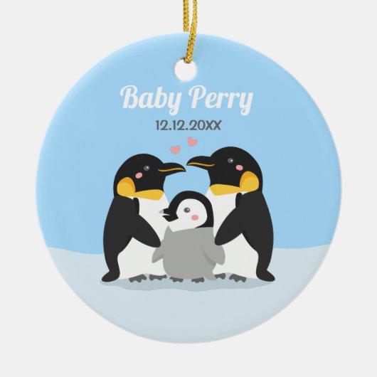 かわいいペンギンの雛と家族の名入れ セラミックオーナメント (正面)