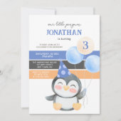 かわいいペンギンの風船の男の子の誕生日 招待状 (正面)