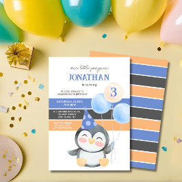 かわいいペンギンの風船の男の子の誕生日 招待状