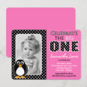 かわいいペンギンの1歳の誕生日パーティー ピンク 招待状 (正面/裏面)