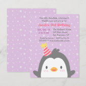 かわいいペンギンの12月パープル誕生日パーティー 招待状 (正面/裏面)