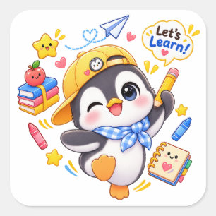 かわいいペンギンのLet's Learnスクールステッカー スクエアシール