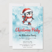 かわいいペンギンアイススケーターブルーレッドフェスティバルクリスマス 招待状 (正面)