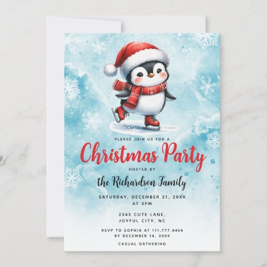 かわいいペンギンアイススケーターブルーレッドフェスティバルクリスマス 招待状 (正面)
