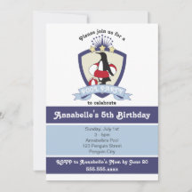 かわいいペンギンキッズプールバースデーパーティ招待状