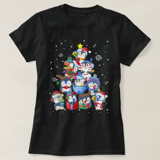 かわいいペンギンクリスマスツリーギフトデコールクリスマスツリー Tシャツ (デザイン正面)