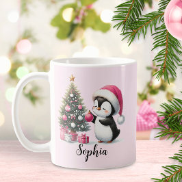 かわいいペンギンクリスマスツリーピンククリスマス コーヒーマグカップ