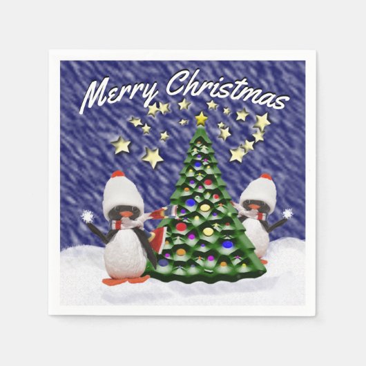かわいいペンギンクリスマスツリー雪のシーンテンプレート スタンダードカクテルナプキン (正面)
