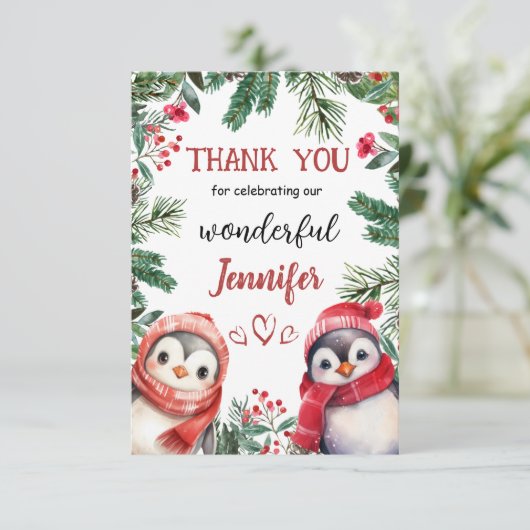 かわいいペンギンクリスマス2°誕生日サンキューカード サンキューカード (スタンド正面)