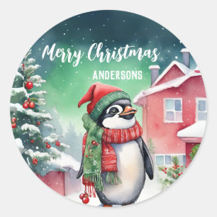 かわいいペンギンサンタのクリスマス誕生日の雪パーティー ラウンドシール