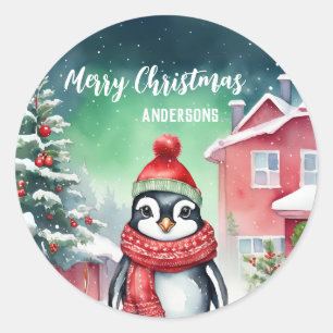 かわいいペンギンサンタのクリスマス誕生日の雪パーティー ラウンドシール
