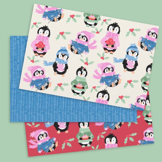 かわいいペンギンストライプとペンパターンの包装紙 ラッピングペーパーシート
