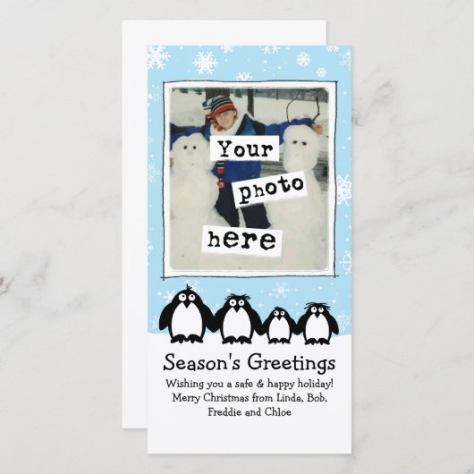 かわいいペンギンズファミリーのクリスマス あなたの写真 シーズンカード (正面/裏面)