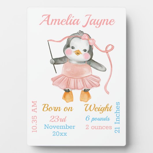 かわいいペンギンバレリーナピンクベビーガール統計 フォトプラーク (正面)