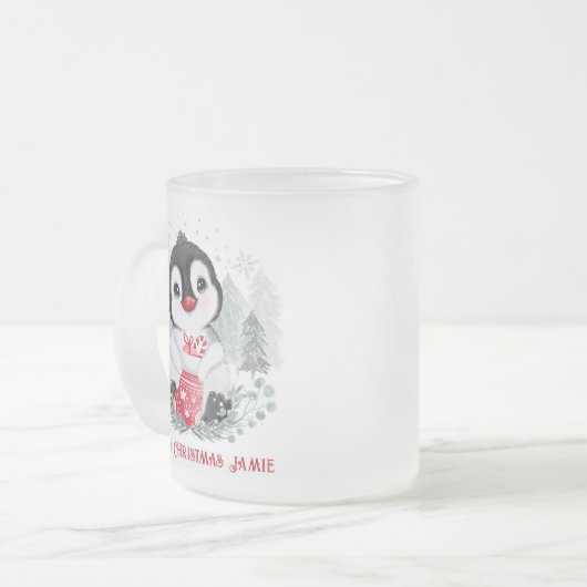 かわいいペンギンパーソナライズされたクリスマス フロストグラスマグカップ (正面左)