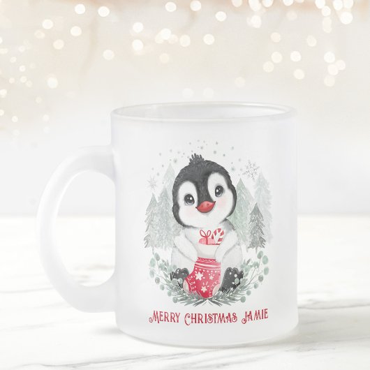 かわいいペンギンパーソナライズされたクリスマス フロストグラスマグカップ