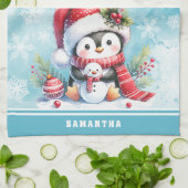 かわいいペンギンパーソナライズされたスノーブルークリスマス キッチンタオル (折り畳み)