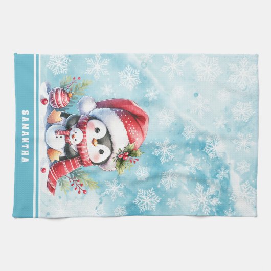 かわいいペンギンパーソナライズされたスノーブルークリスマス キッチンタオル (横)