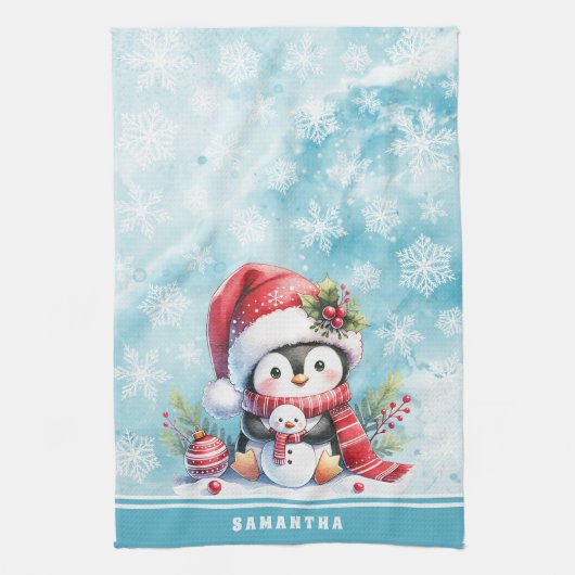 かわいいペンギンパーソナライズされたスノーブルークリスマス キッチンタオル (縦)