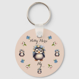 かわいいペンギンピンクの名前とイニシャル キーホルダー