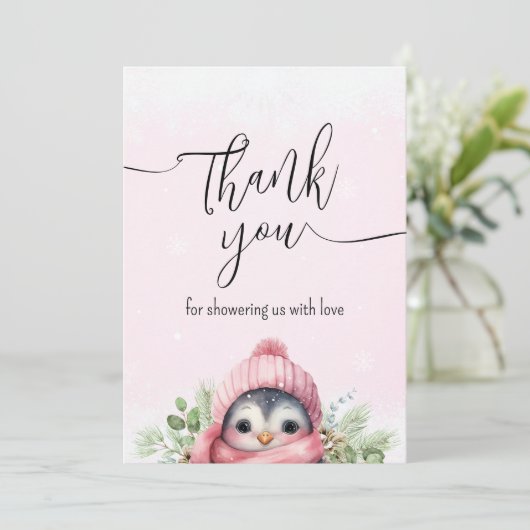 かわいいペンギンピンク冬の雪サンキューカード サンキューカード (スタンド正面)