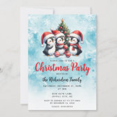 かわいいペンギンフェスティバルブルーと赤のクリスマスパーティー 招待状 (正面)