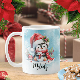 かわいいペンギンブルーと赤名前をカスタムするクリスマス コーヒーマグカップ