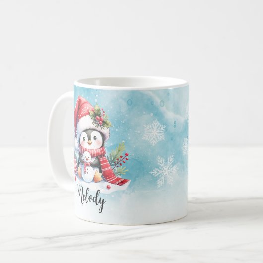 かわいいペンギンブルーと赤名前をカスタムするクリスマス コーヒーマグカップ (正面左)