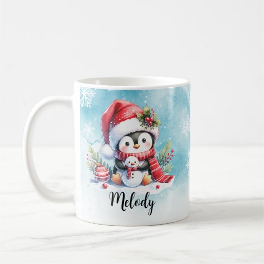 かわいいペンギンブルーと赤名前をカスタムするクリスマス コーヒーマグカップ (左)