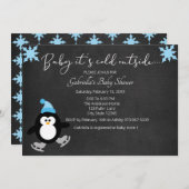 かわいいペンギンベビー，ベビーシャワーの外は寒い 招待状 (正面/裏面)