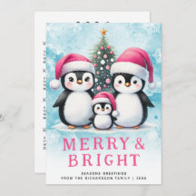 かわいいペンギンメリーと明るいピンクのクリスマス