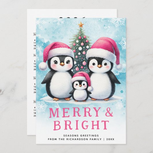 かわいいペンギンメリーと明るいピンクのクリスマス シーズンカード (正面/裏面)