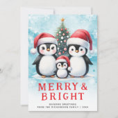 かわいいペンギンメリーと鮮やかな青の赤いクリスマス シーズンカード (正面)