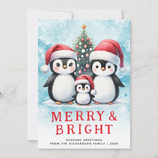 かわいいペンギンメリーと鮮やかな青の赤いクリスマス シーズンカード (正面)
