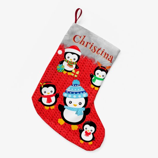 かわいいペンギンメリークリスマス名前をカスタムする スモールクリスマスストッキング (正面 (吊り時))