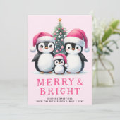 かわいいペンギンメリーファミリー&鮮やかなピンクのクリスマス シーズンカード (スタンド正面)