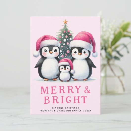 かわいいペンギンメリーファミリー&鮮やかなピンクのクリスマス シーズンカード (スタンド正面)