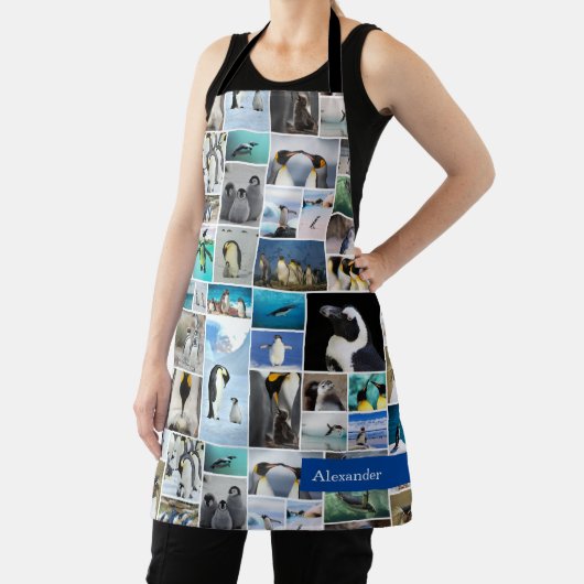 かわいいペンギン写真コラージュ柄ファーストネーム エプロン (インサイチュ)