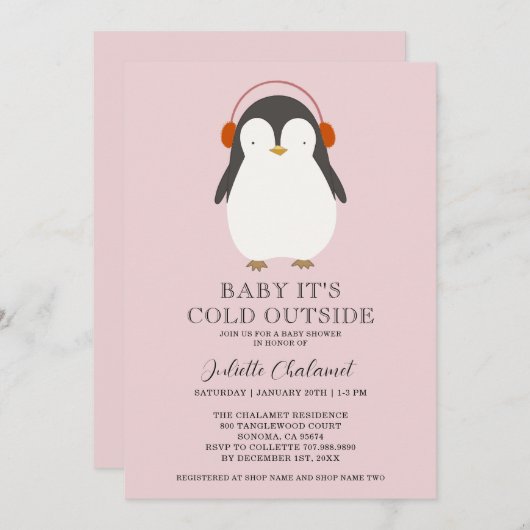 かわいいペンギン冬のベビーシャワー招待状 招待状 (正面/裏面)