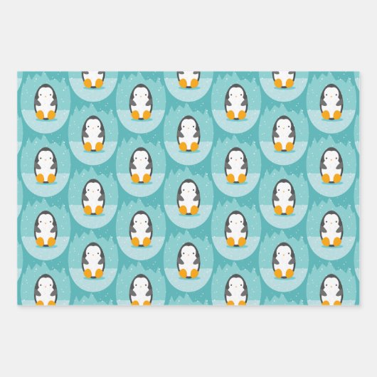かわいいペンギン冬の漫画の青 ラッピングペーパーシート (正面3)