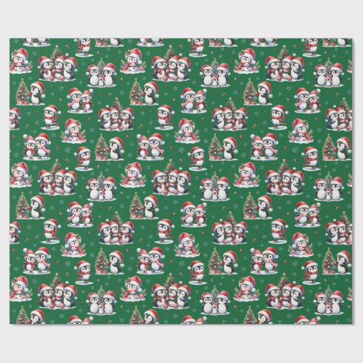 かわいいペンギン冬の緑と赤のクリスマス ラッピングペーパー (フラット)