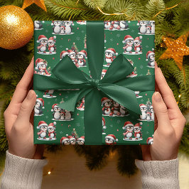 かわいいペンギン冬の緑と赤のクリスマス ラッピングペーパー