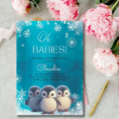 かわいいペンギン冬の雪の三つ子ベビーシャワー 招待状