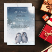 かわいいペンギン冬の青い雪の双子ベビーシャワー 招待状