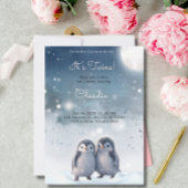かわいいペンギン冬の青い雪の双子ベビーシャワー 招待状