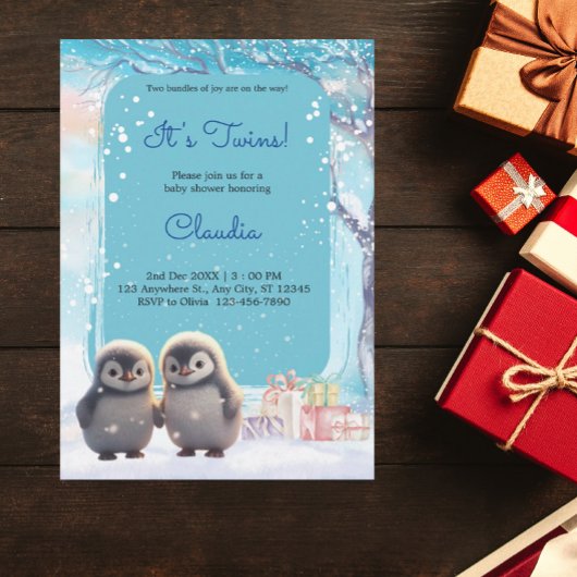 かわいいペンギン双生冬の青い赤ちゃんシャワー 招待状
